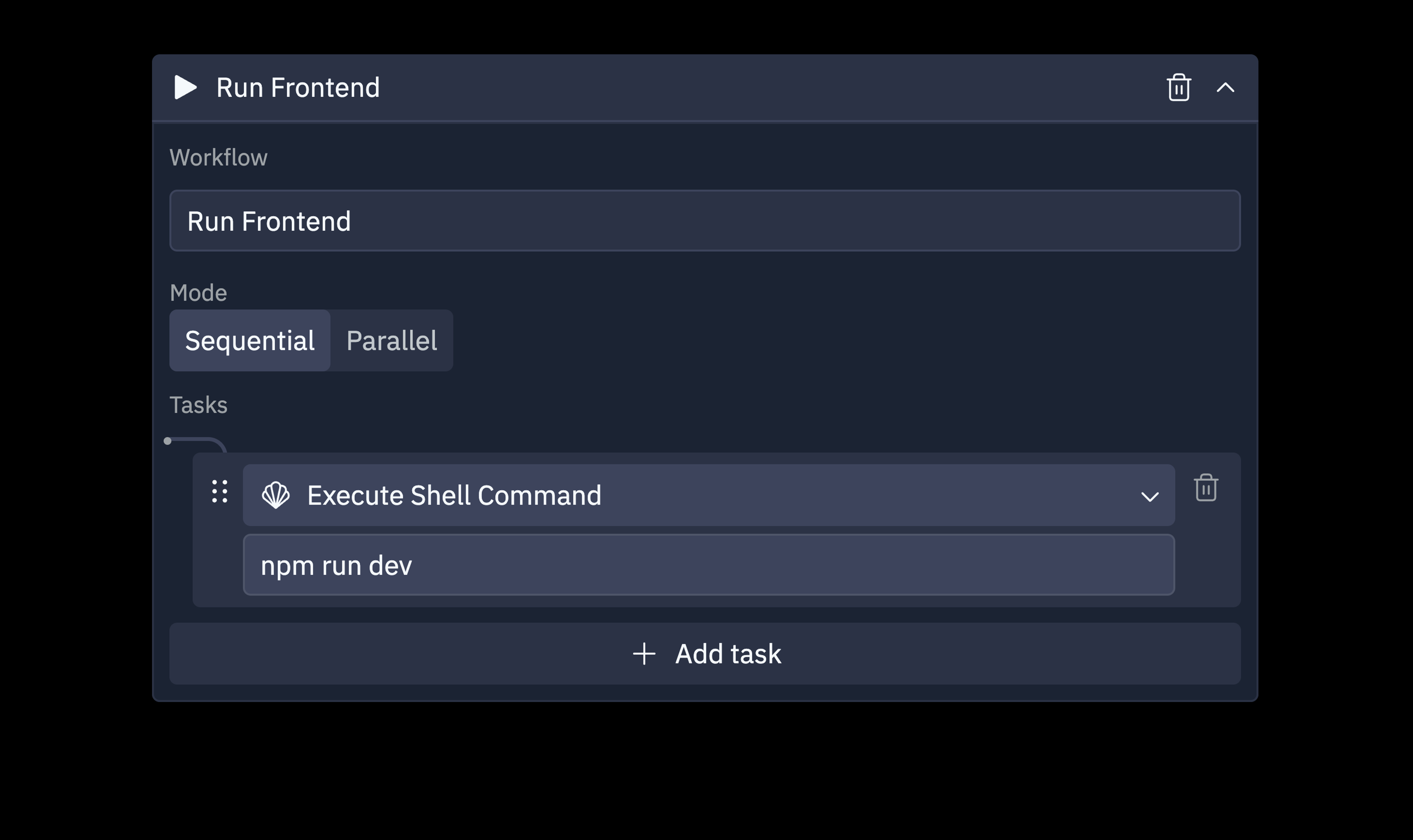 workflow named "Run frontend" that runs "npm run dev"