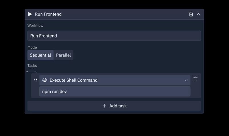 workflow named "Run frontend" that runs "npm run dev"