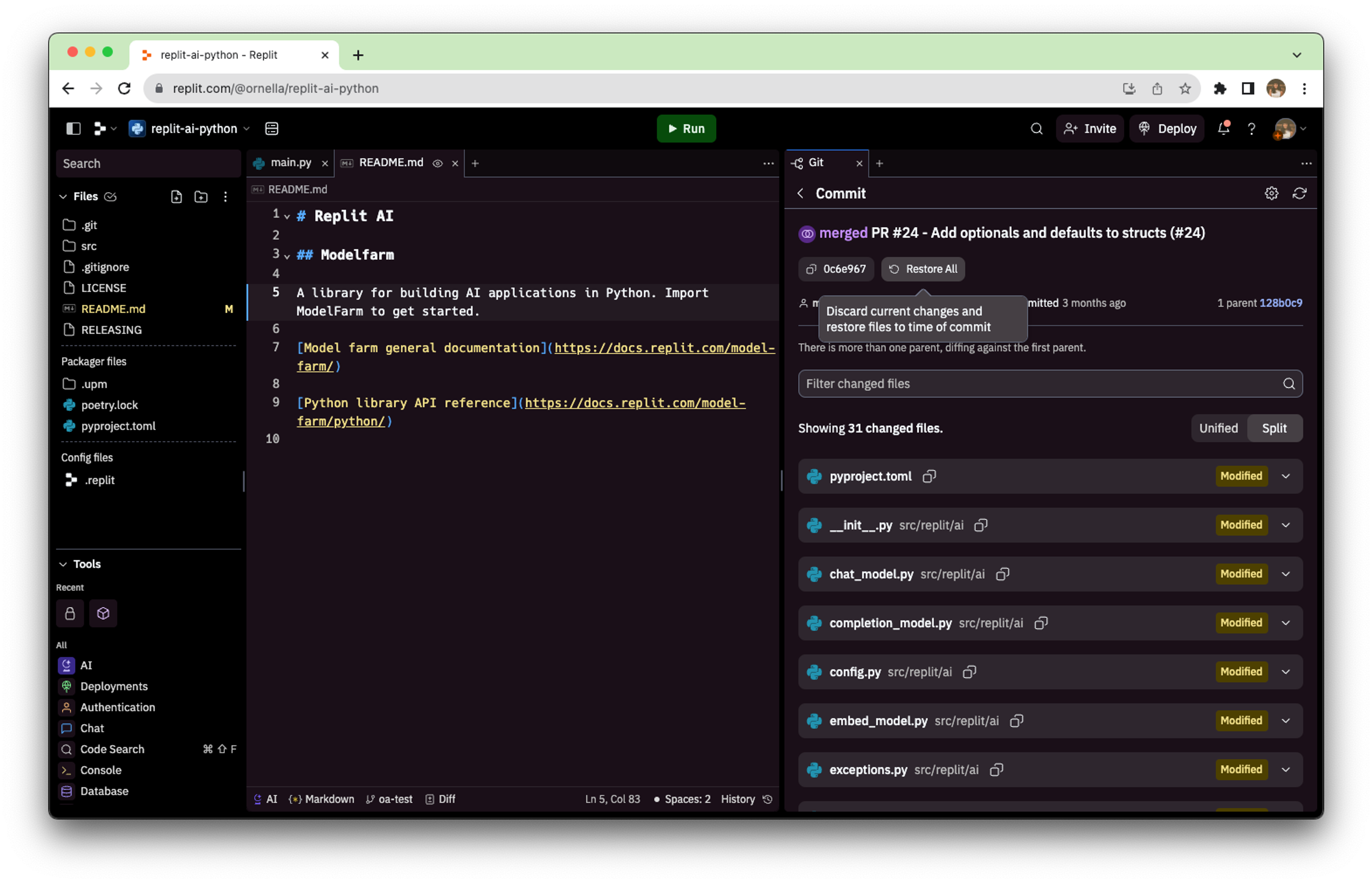 Restore your repo to a specific commit