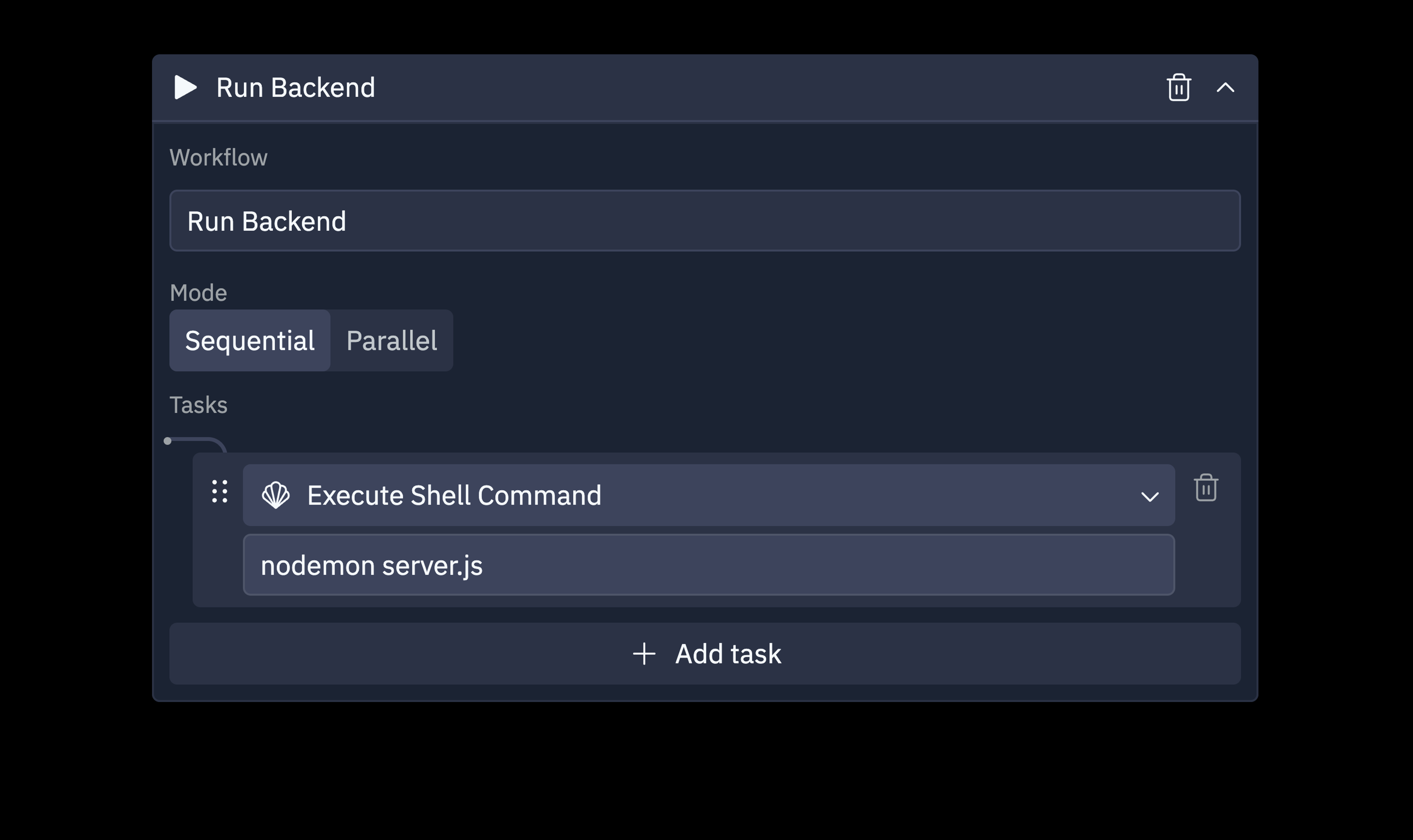 workflow named "Run Backend" that runs the express server