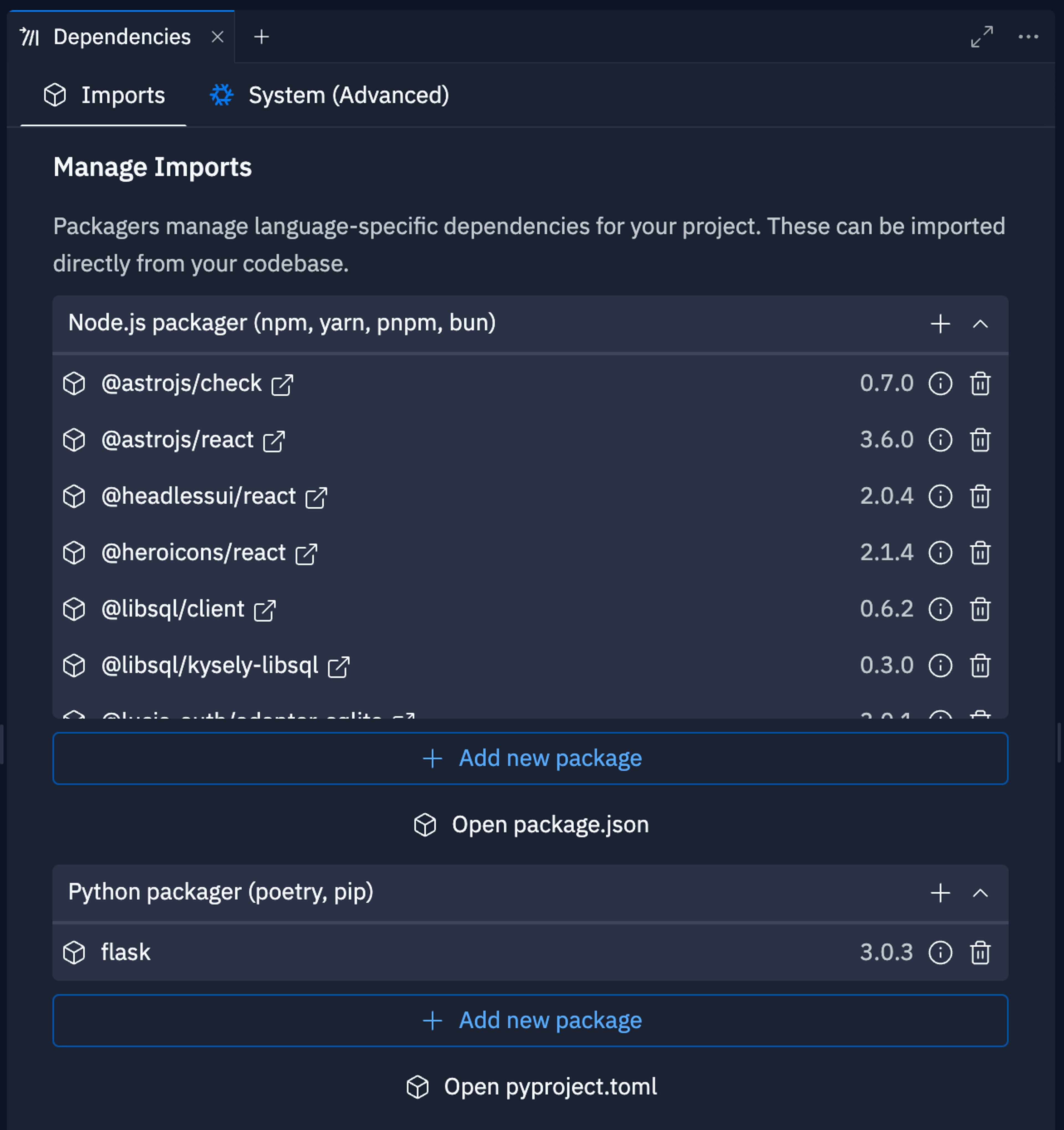 Dependencies pane import tab