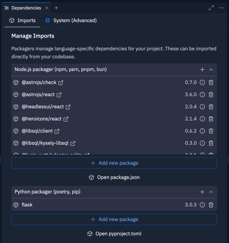 Dependencies pane import tab