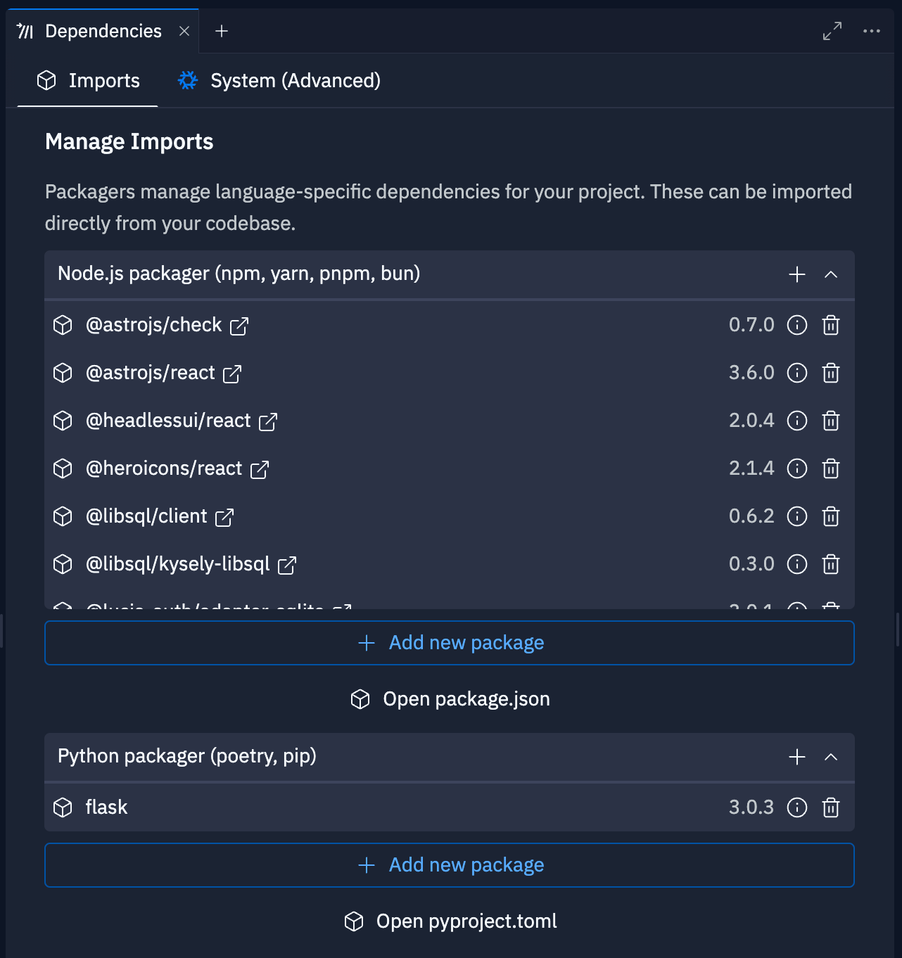 Dependencies pane import tab