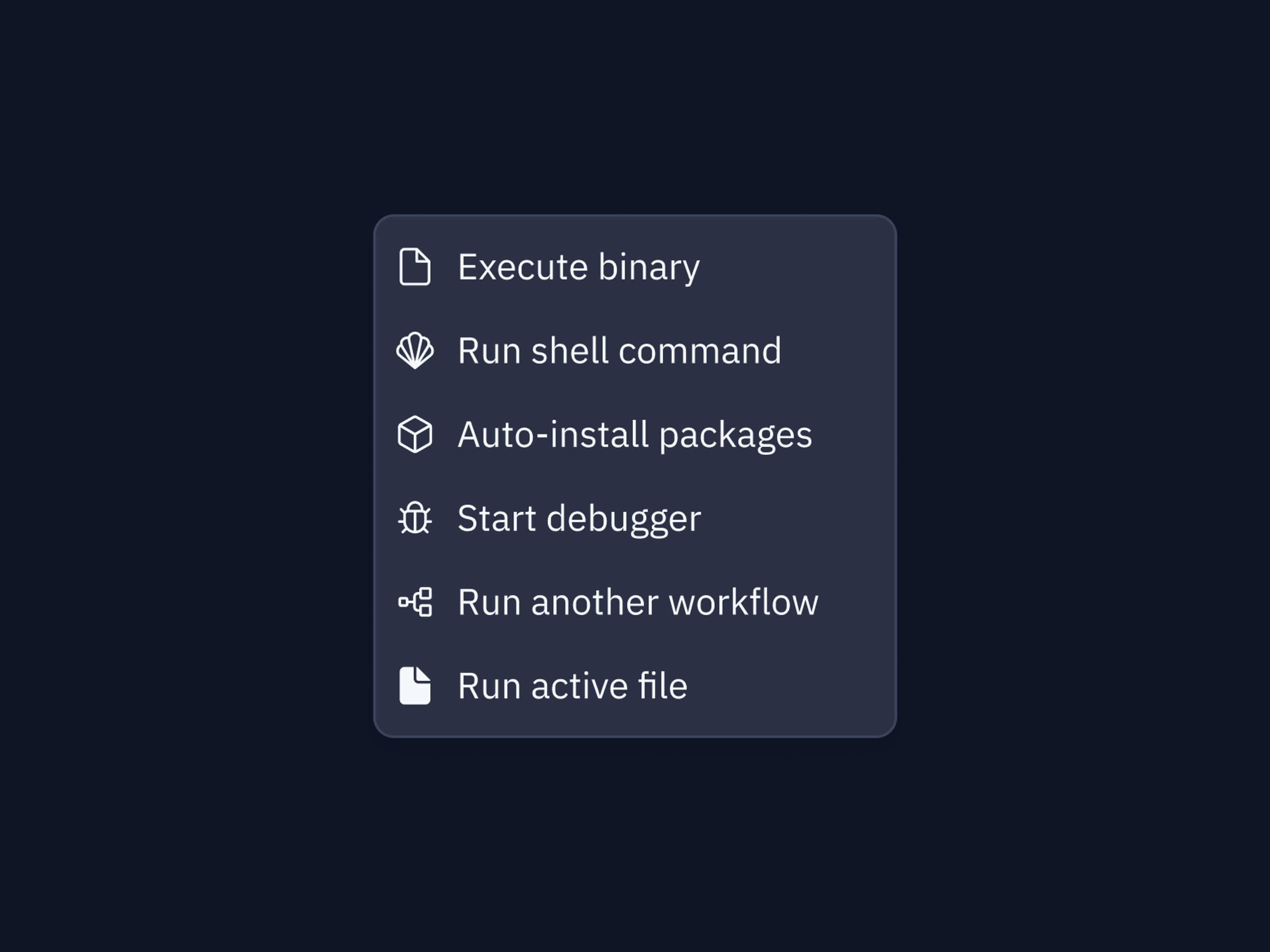 list of workflow task types, including run shell command, auto-install packages, etc.