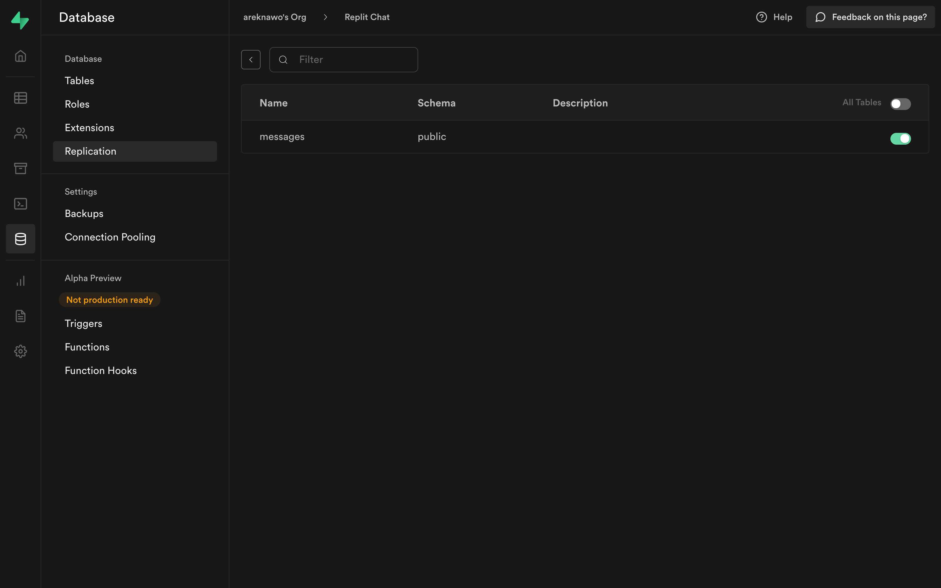 Enabling real-time events from the Supabase dashboard - step 2