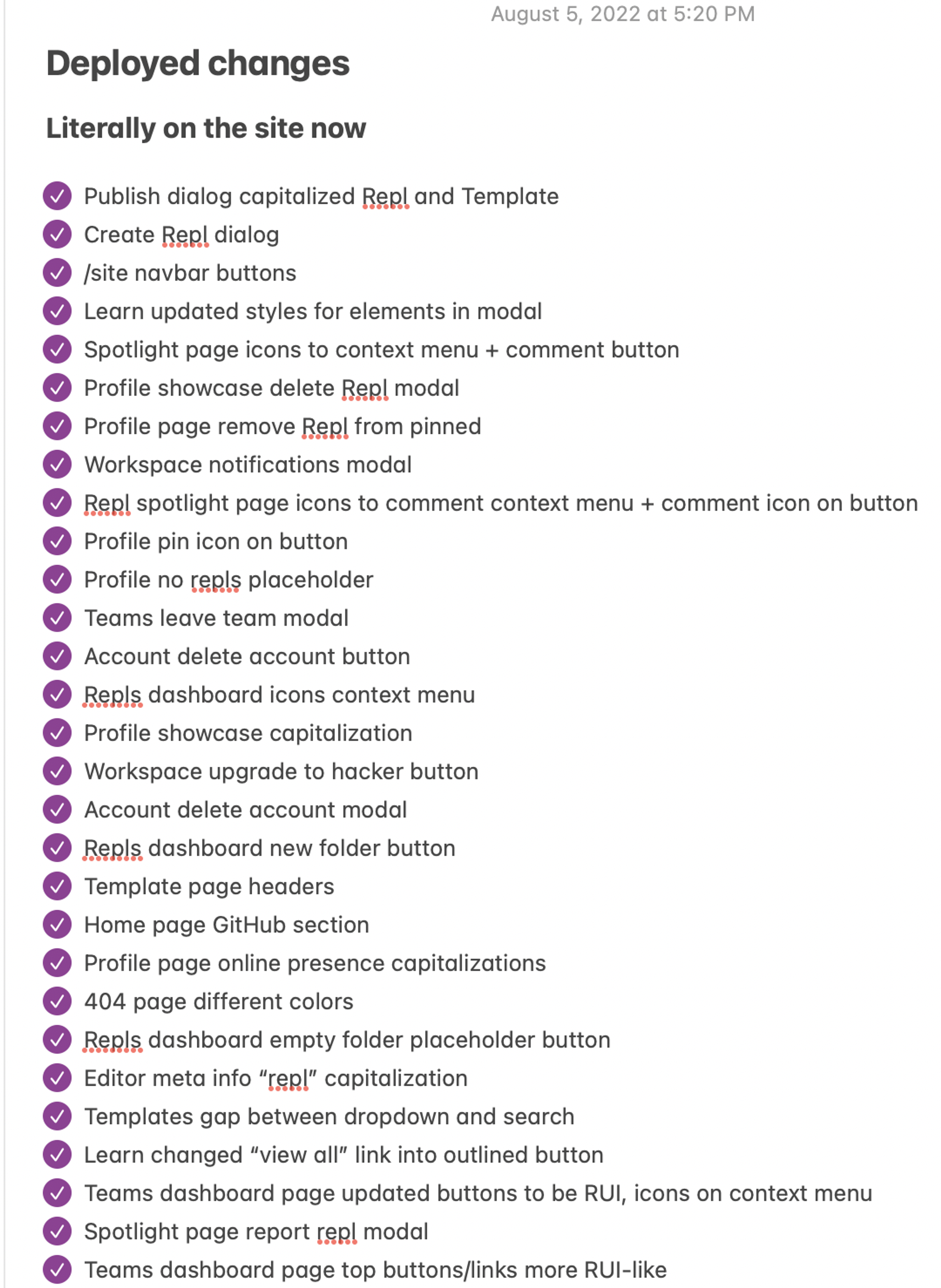 List of bug fixes