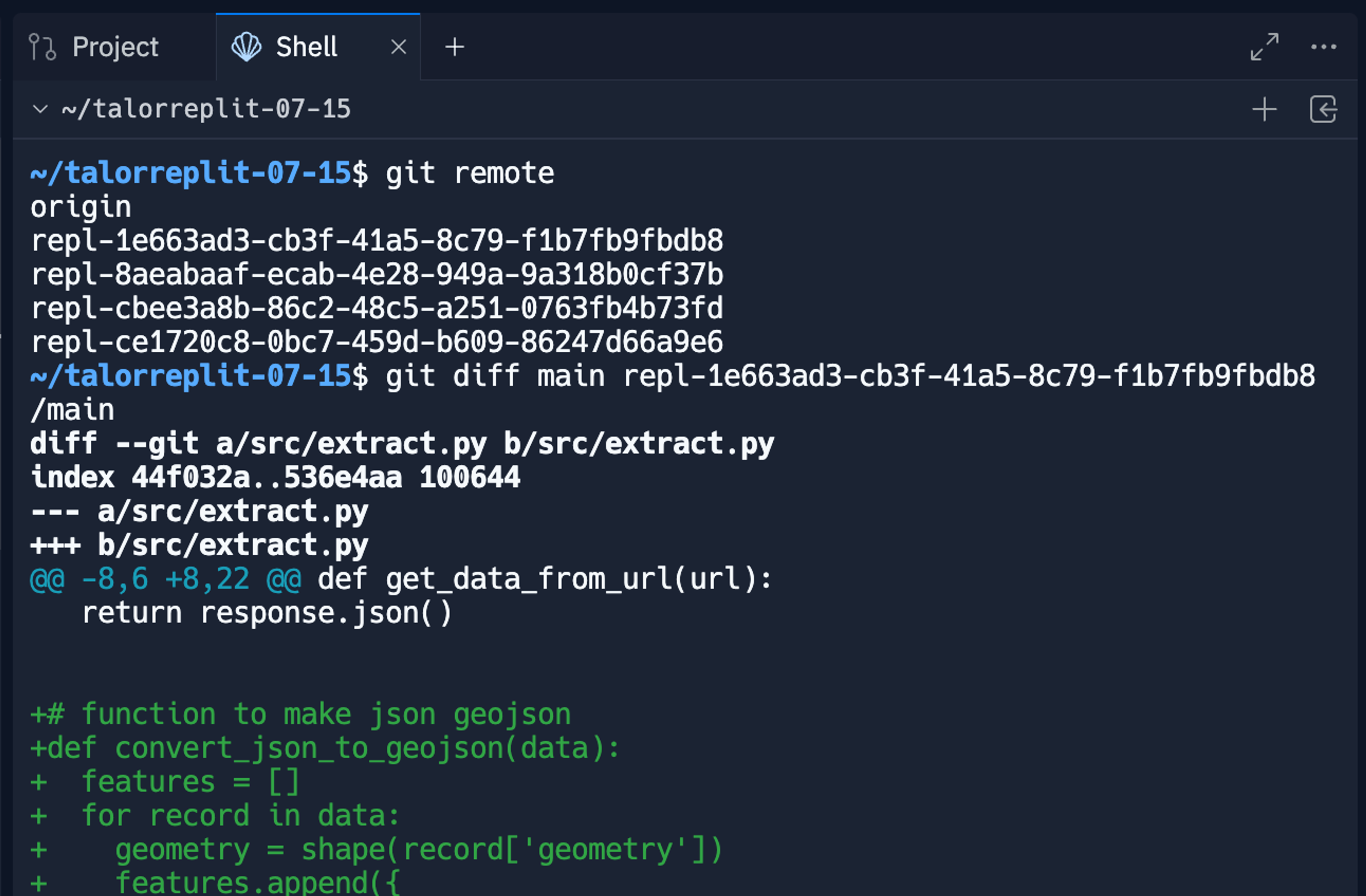 shell history showing the result of a git remote command which shows a list of remotes named after repls, and a git diff command comparing the main branch with the main branch of one of the remote repls. a short python diff is shown.