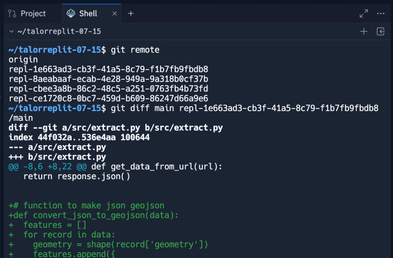 shell history showing the result of a git remote command which shows a list of remotes named after repls, and a git diff command comparing the main branch with the main branch of one of the remote repls. a short python diff is shown.