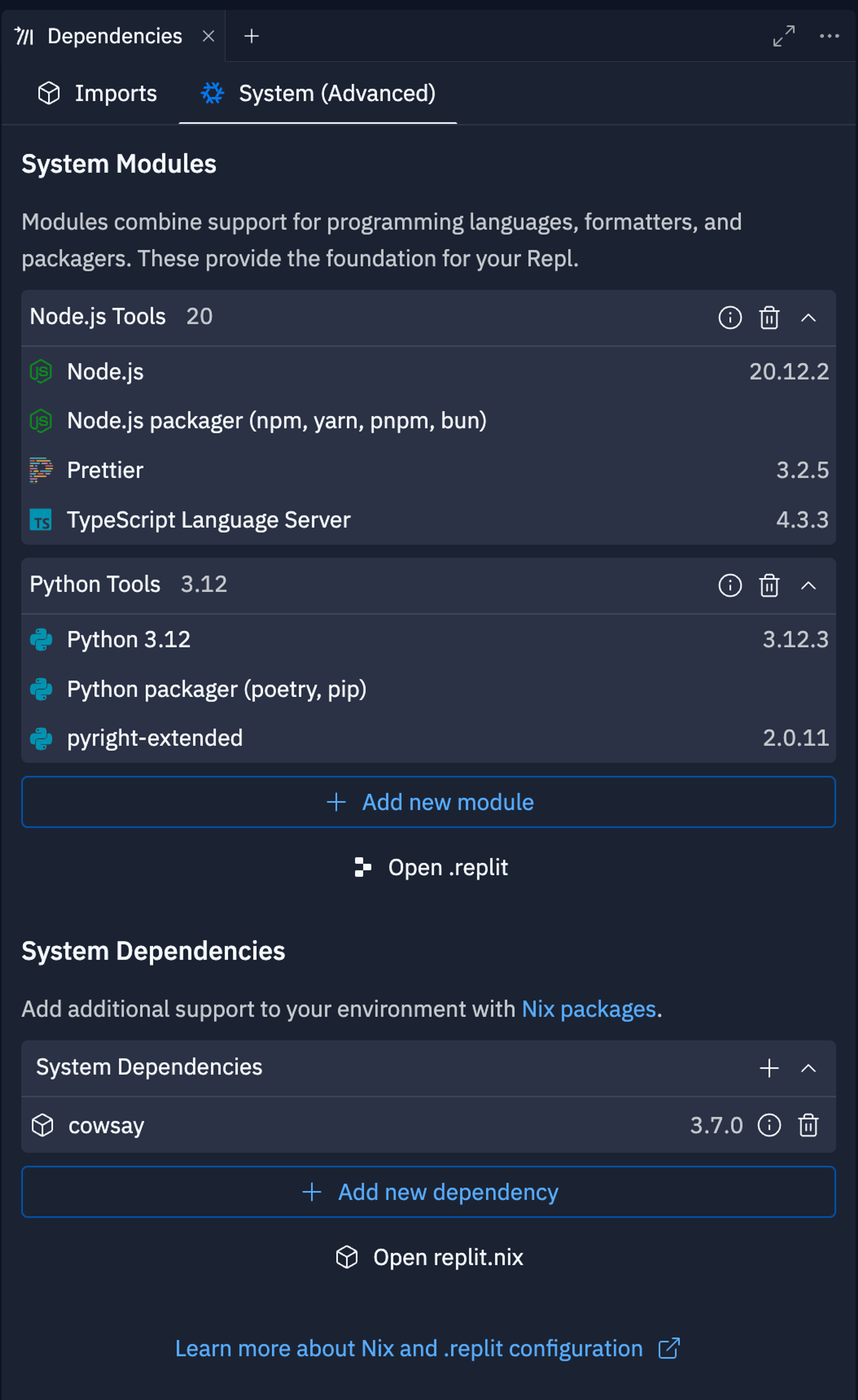 Dependencies advanced tab