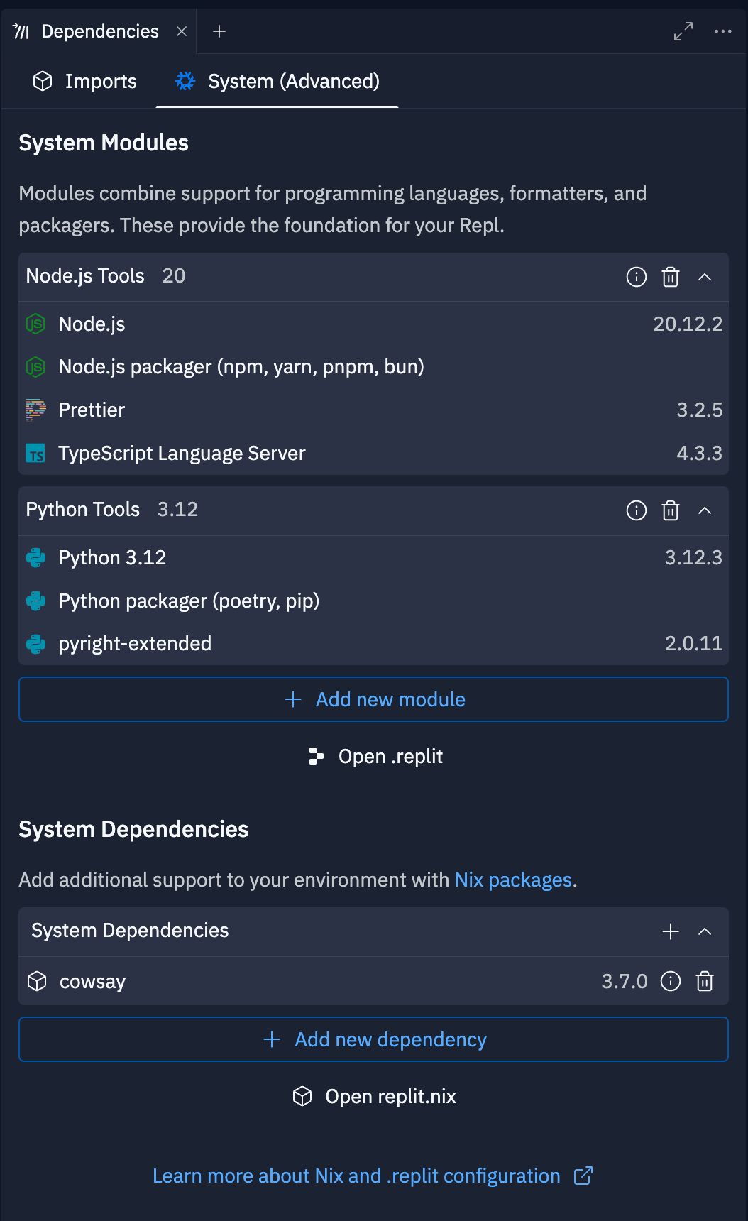 Dependencies advanced tab