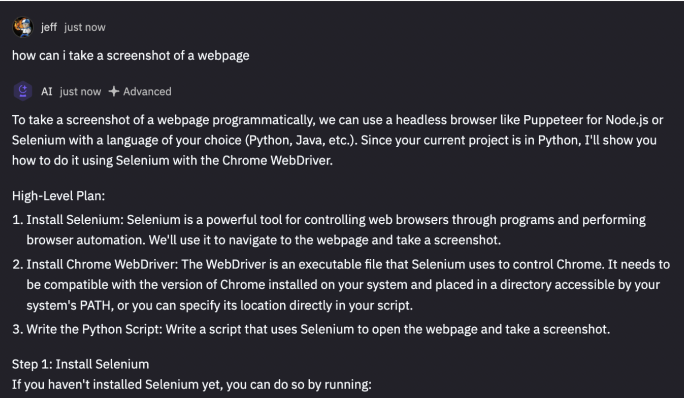 Asking Replit AI how to take a screenshot