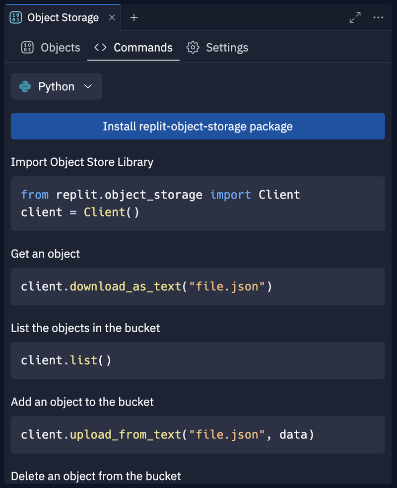 Commands tab