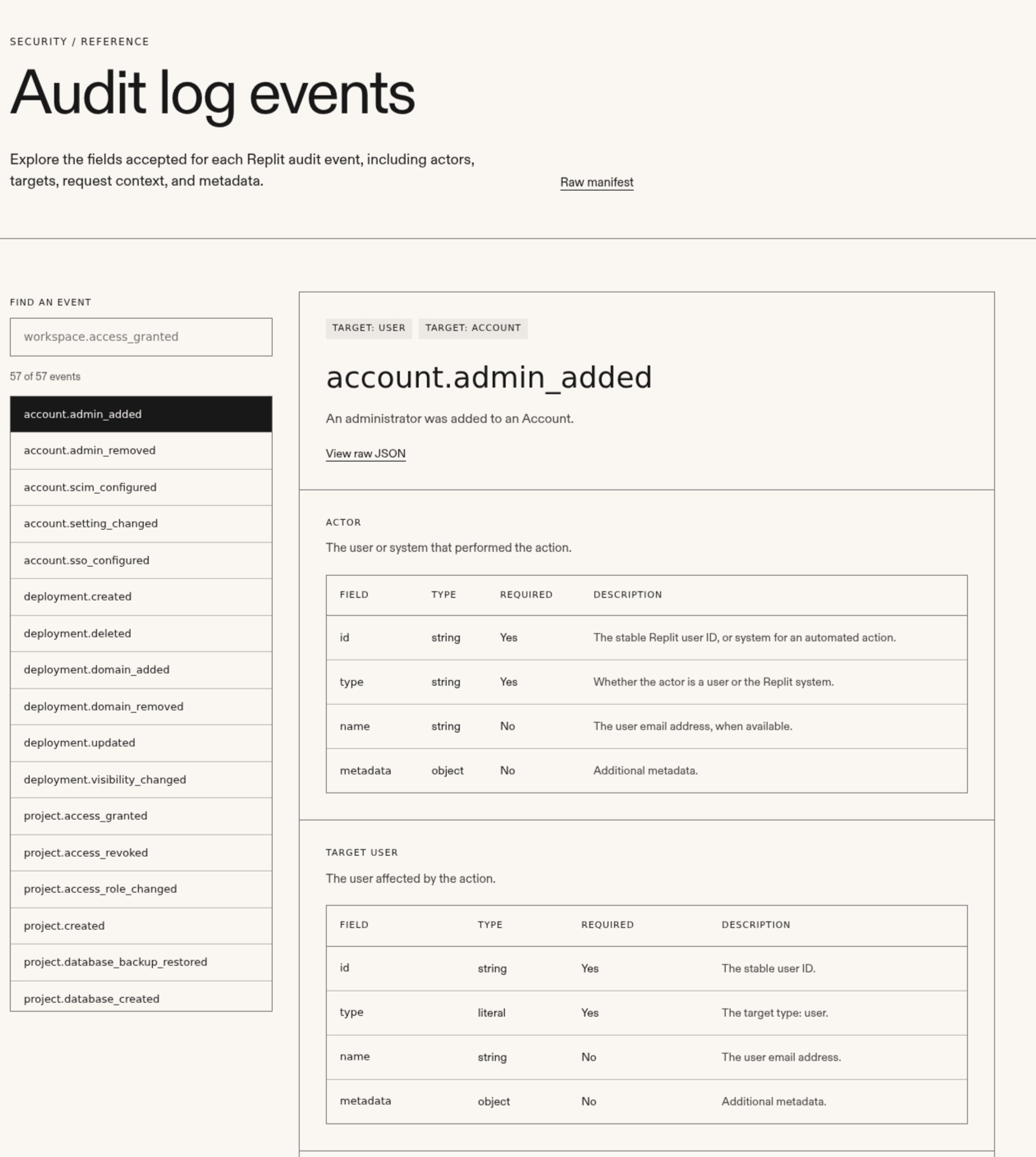 Audit logs across deployments, access and identity, workspace administration, project activity, secrets, connectors, domains, and agent activity.