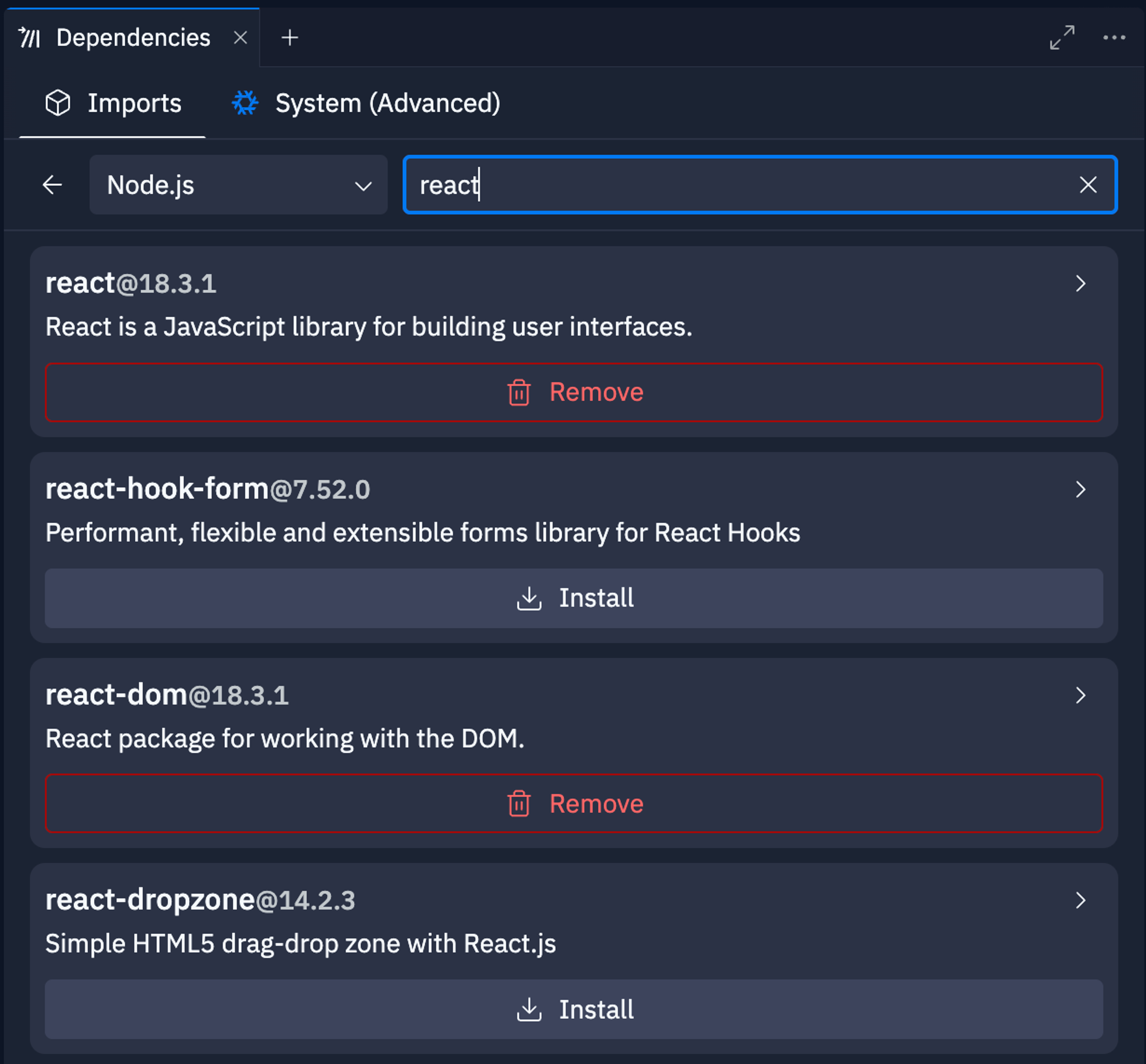 Dependencies pane import search