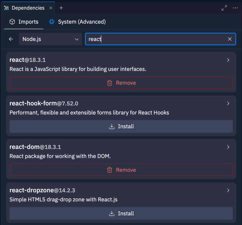 Dependencies pane import search