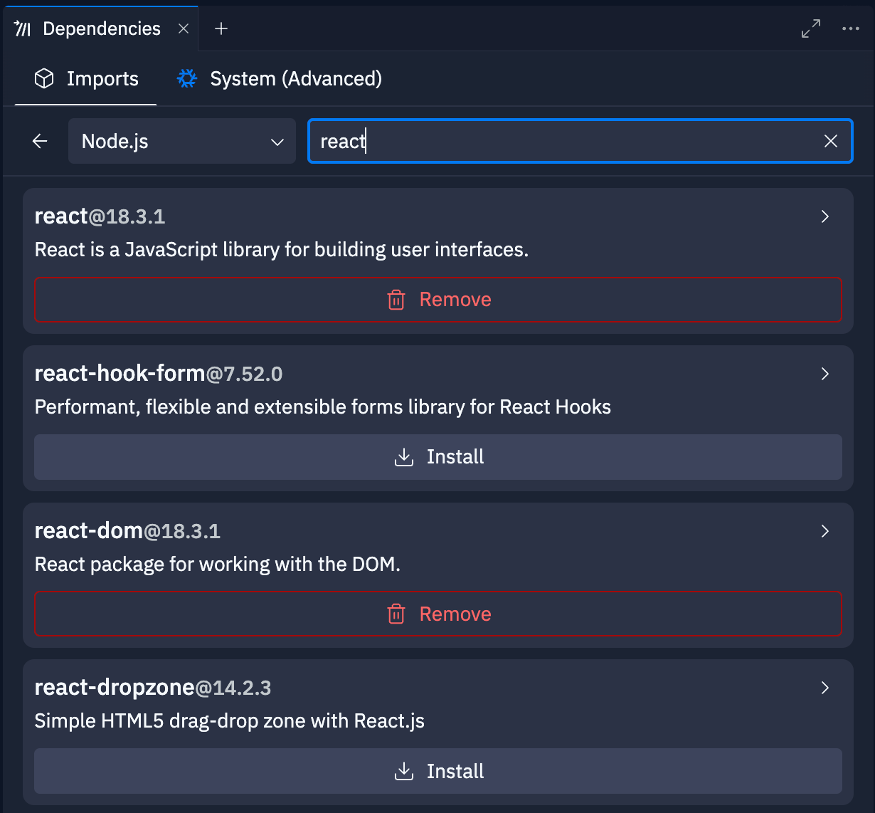 Dependencies pane import search