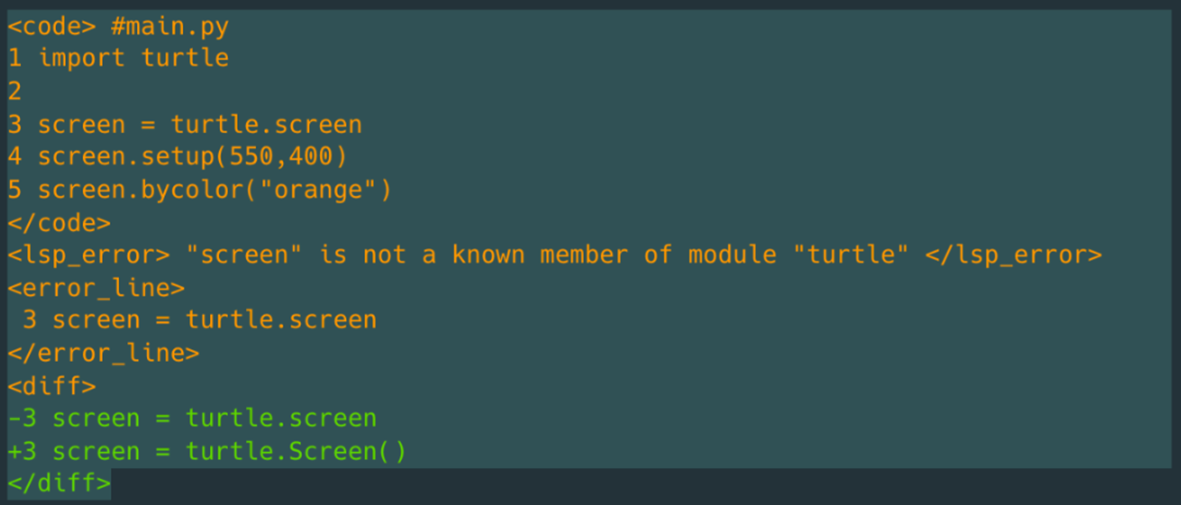 The input/output format. The input is highlighted in orange. The output is generated and is in green. Sentinel tokens identify packets of information that map to inputs and outputs from the Replit IDE.