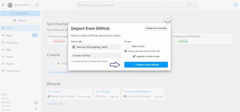 Replit create a new app with GitHub 1