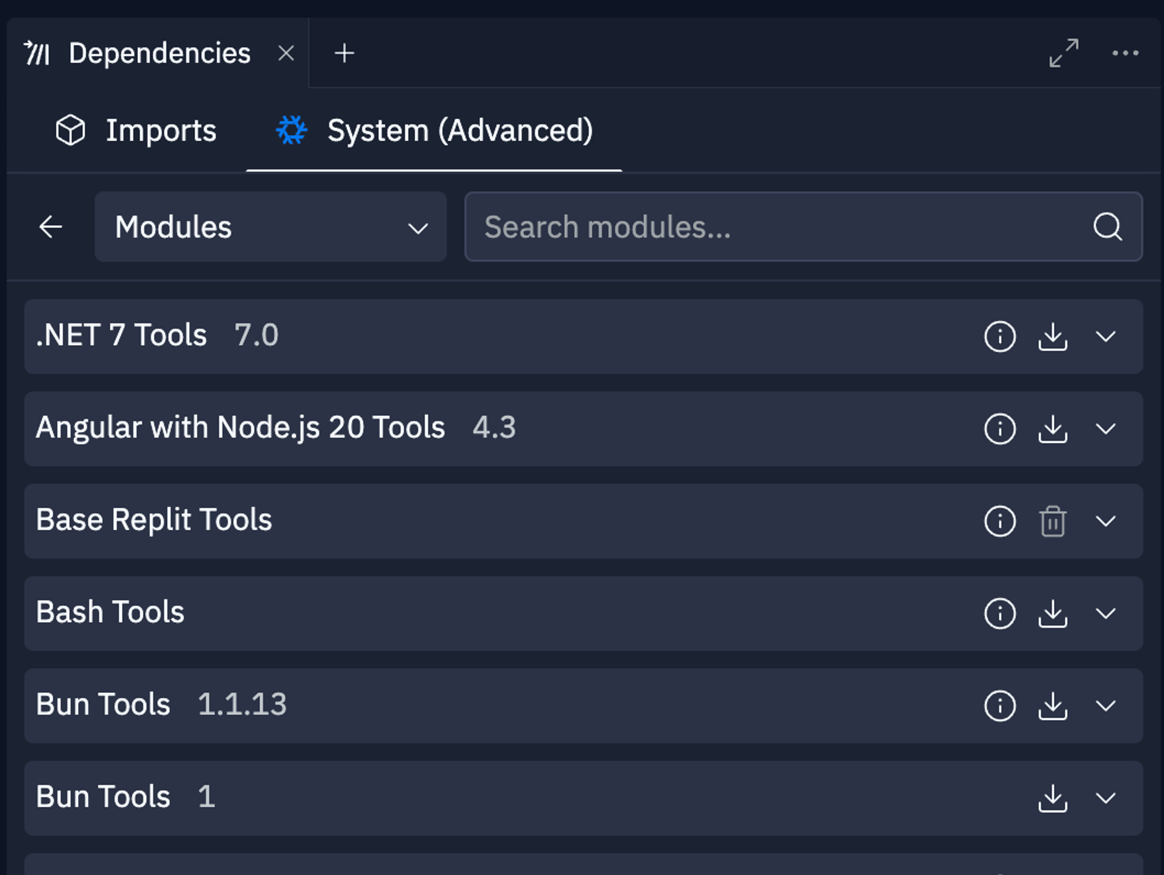 Dependencies pane advanced search