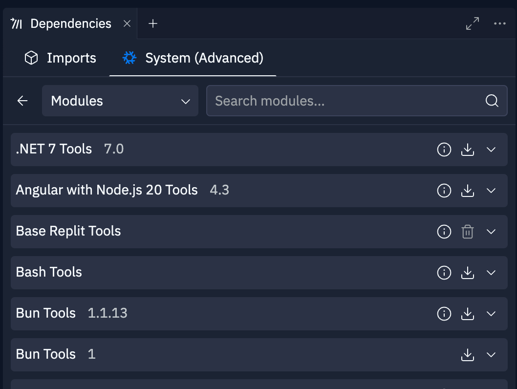 Dependencies pane advanced search