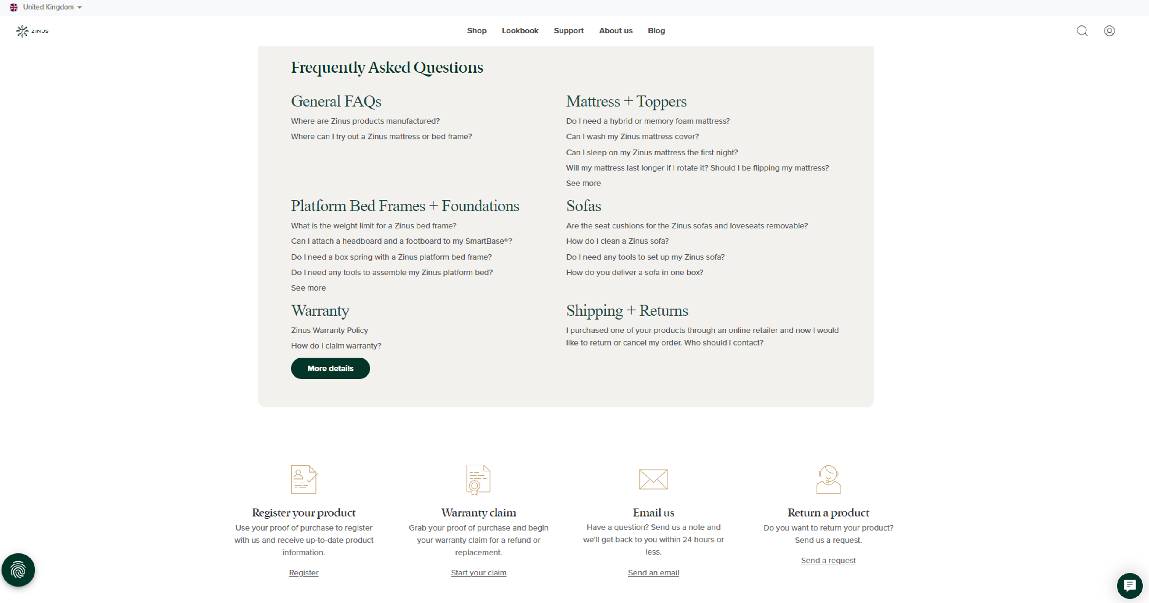 A screenshot of Zinus's support hub for the UK. It shows an FAQ as well as links to various support form. 