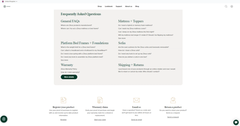 A screenshot of Zinus's support hub for the UK. It shows an FAQ as well as links to various support form. 