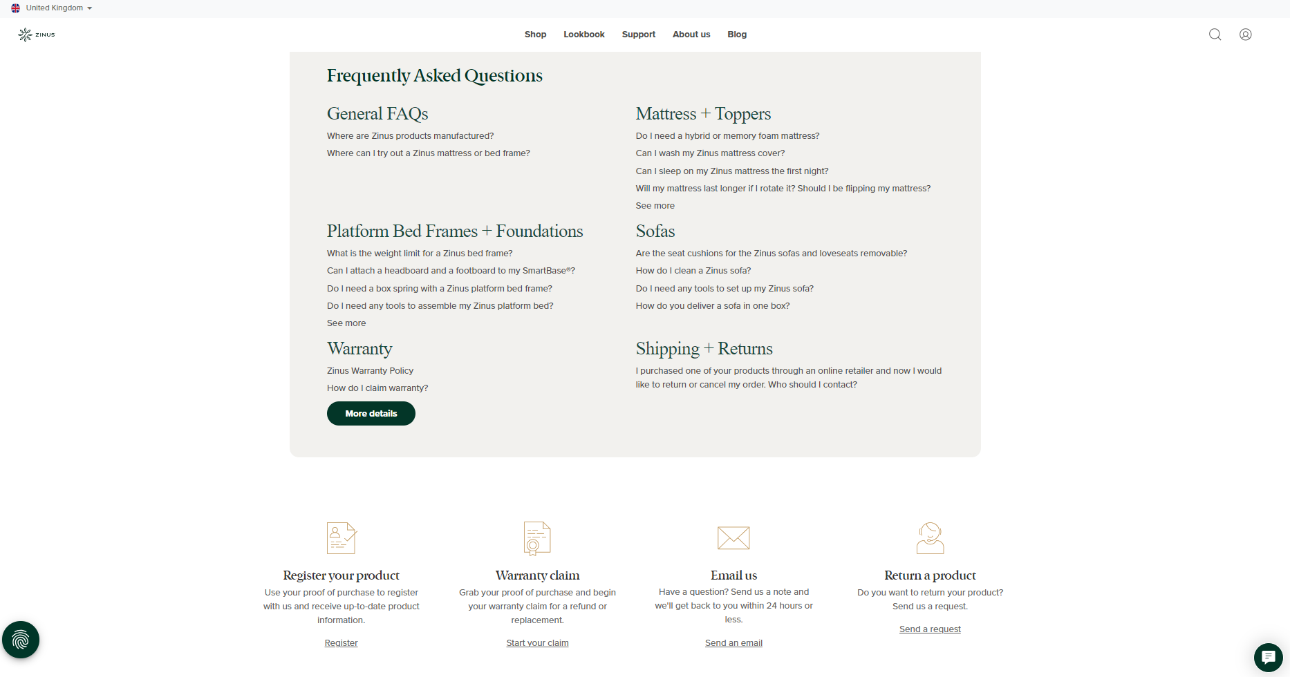A screenshot of Zinus's support hub for the UK. It shows an FAQ as well as links to various support form.