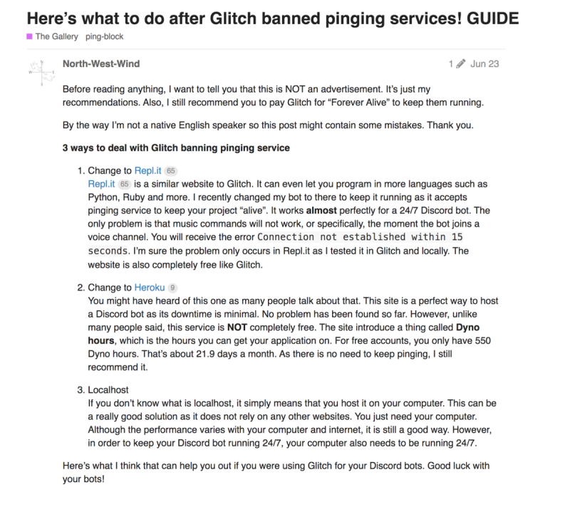 users posting on glitch forum about replit