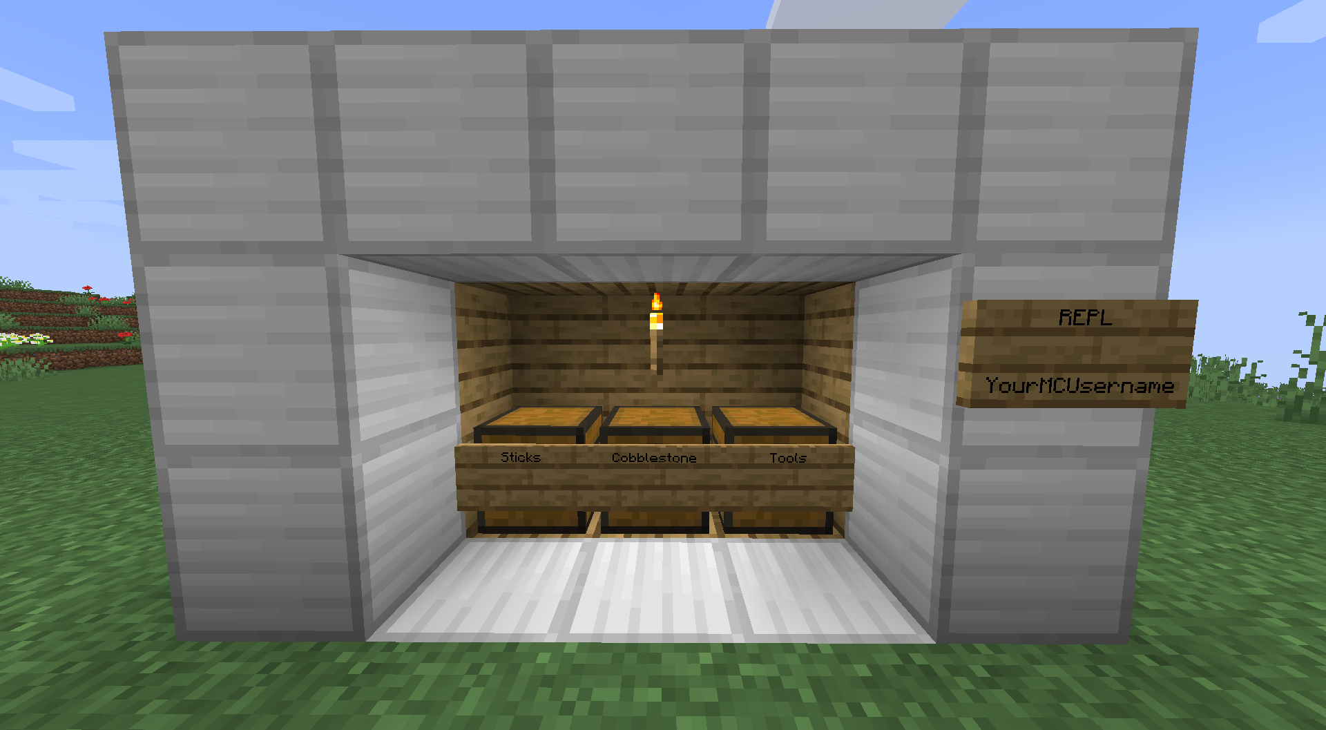 A structure containing three chests