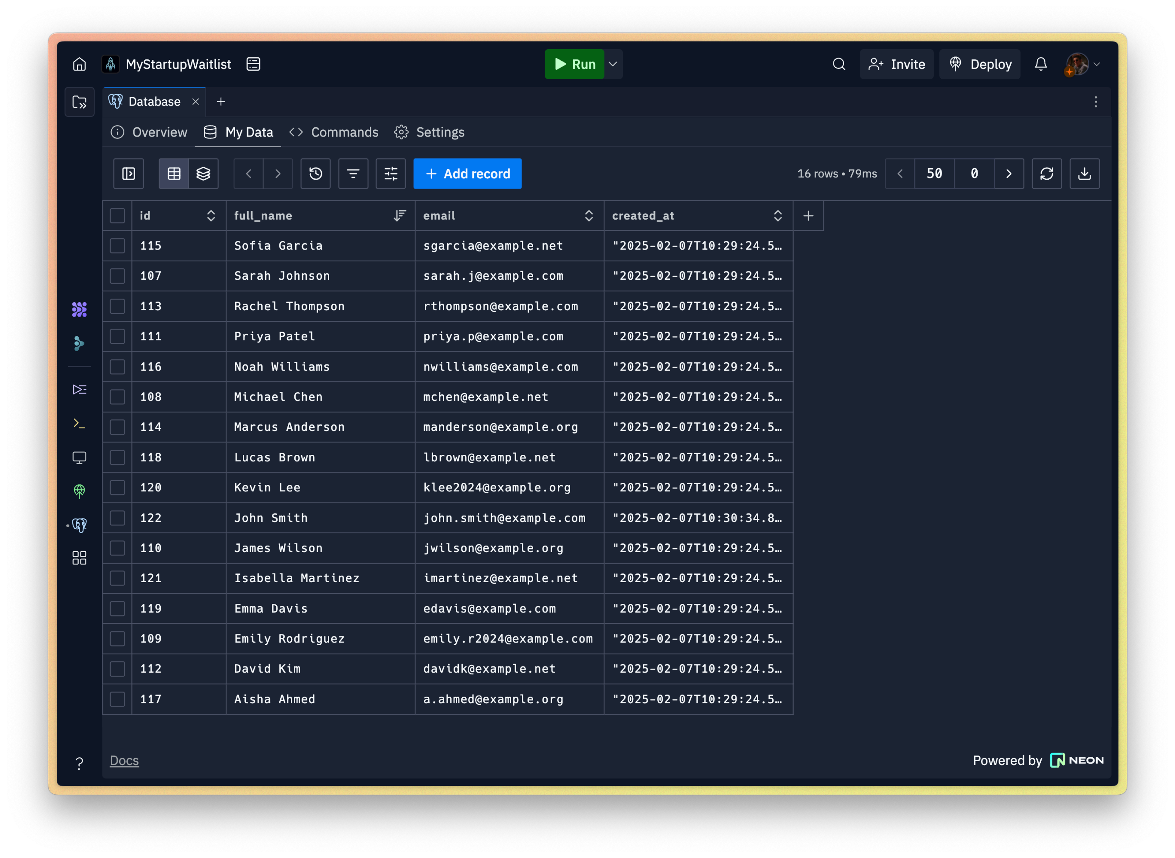 The replit workspace. a dark themed IDE is visible with a "Database" tab taking up the screen. There are about twenty rows in a spreadsheet-like database view with names, emails, and signups. the workspace is titled "MyStartupWaitlist".