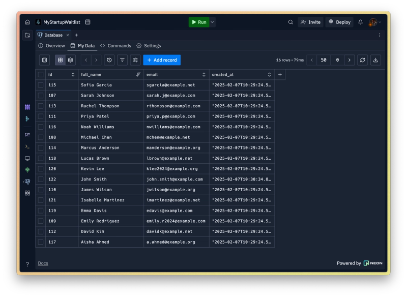 The replit workspace. a dark themed IDE is visible with a "Database" tab taking up the screen. There are about twenty rows in a spreadsheet-like database view with names, emails, and signups. the workspace is titled "MyStartupWaitlist".