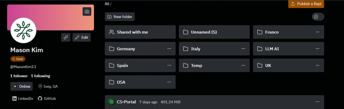 A screenshot of Mason's homepage on Replit. It shows all of his Repl folders organized by country.