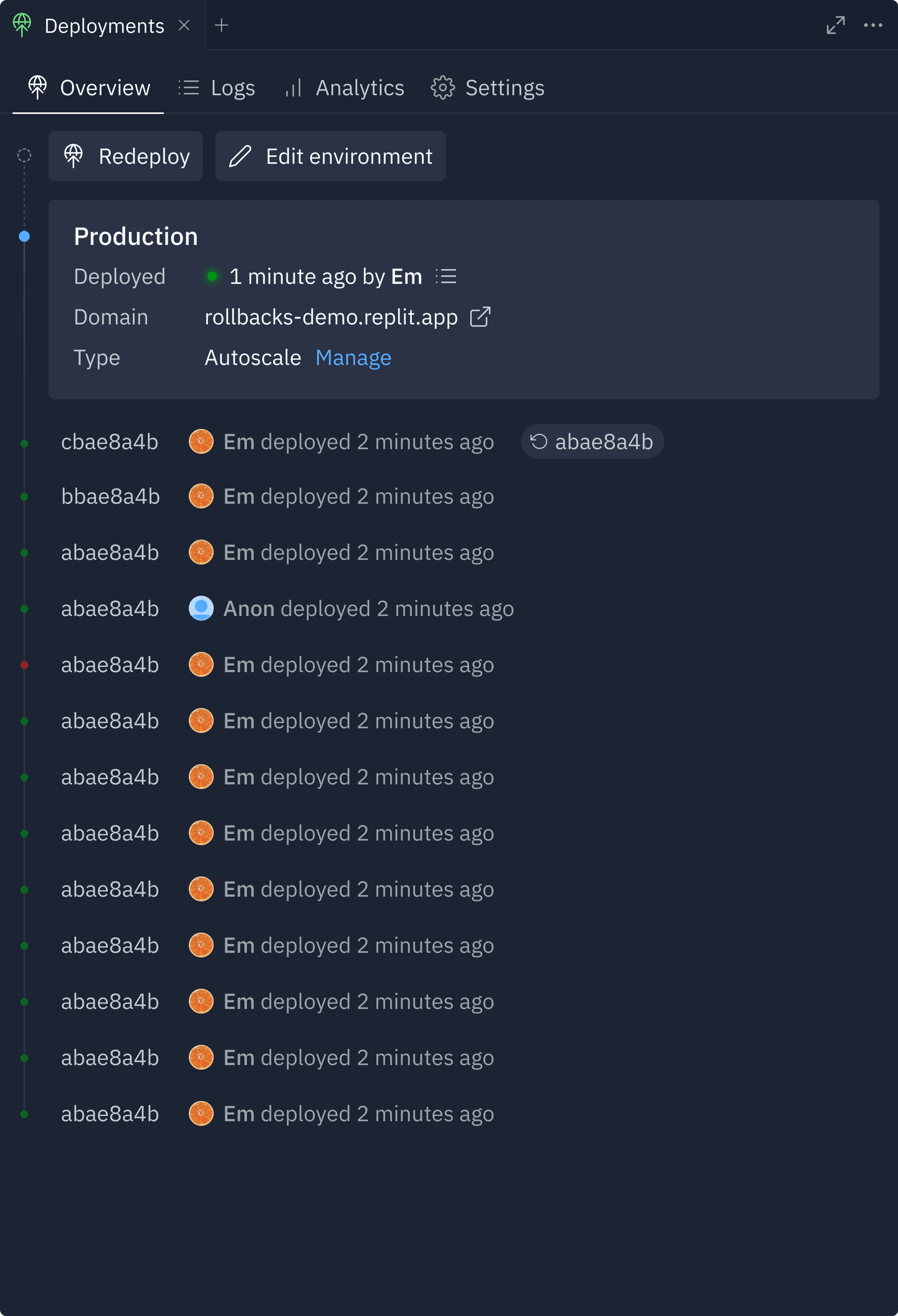 Rollback representation in deployment history