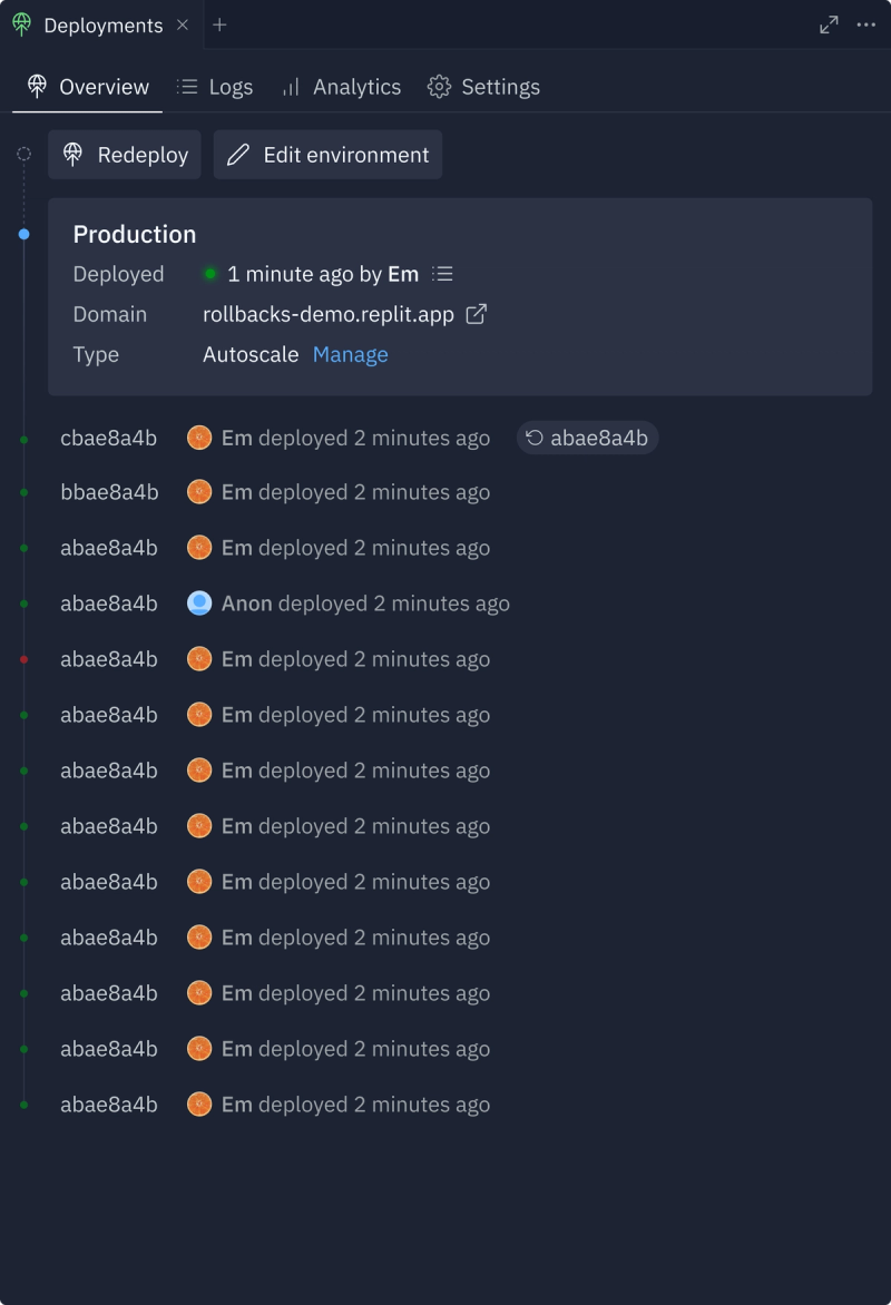 Rollback representation in deployment history