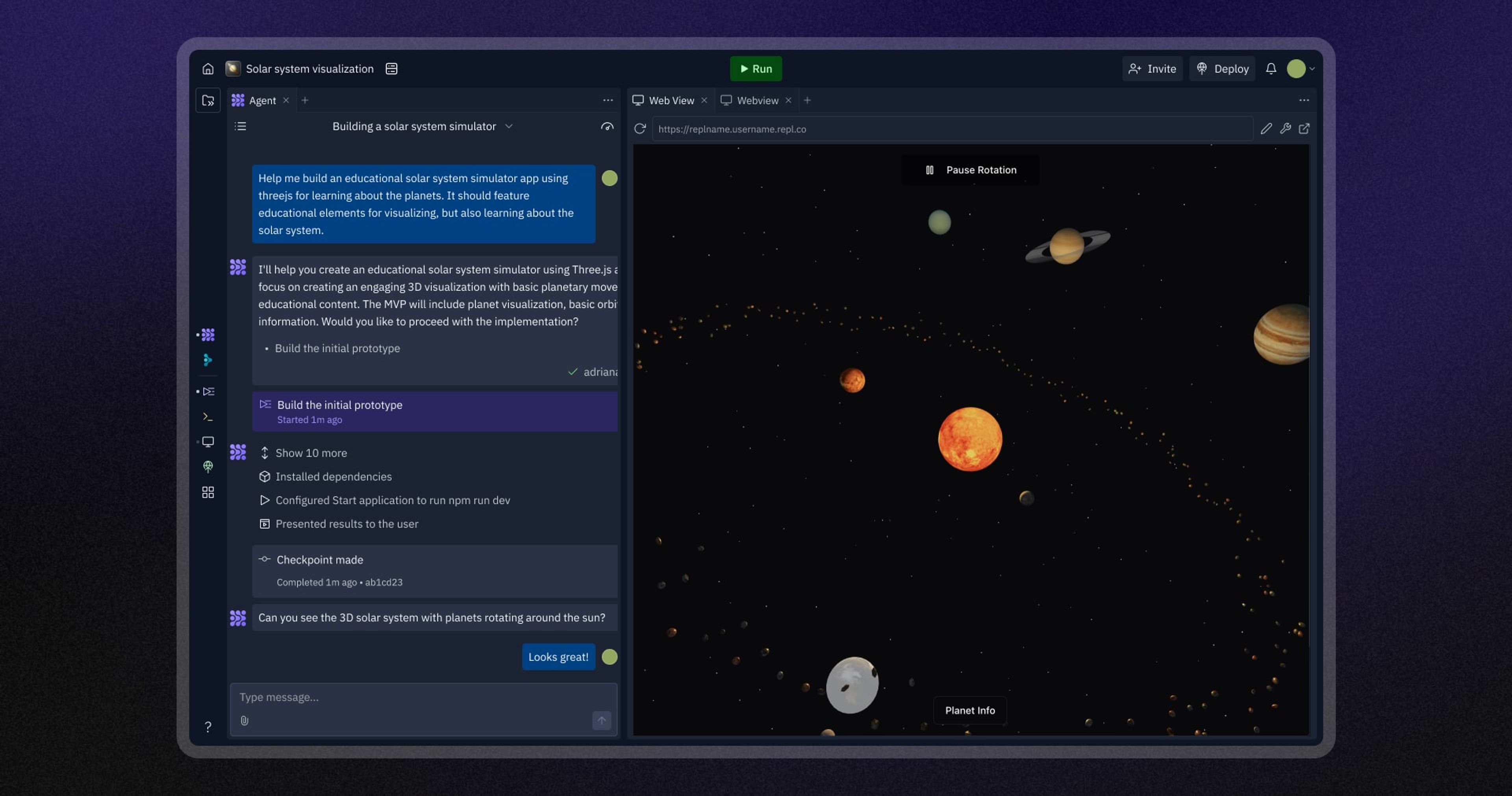 The Replit workspace with a frontend app