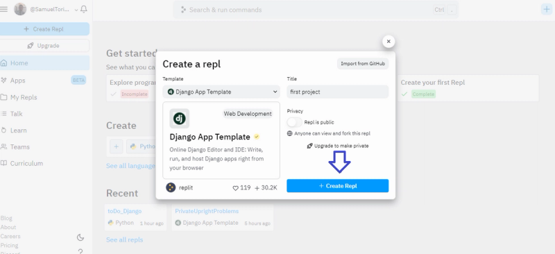 Replit create new application