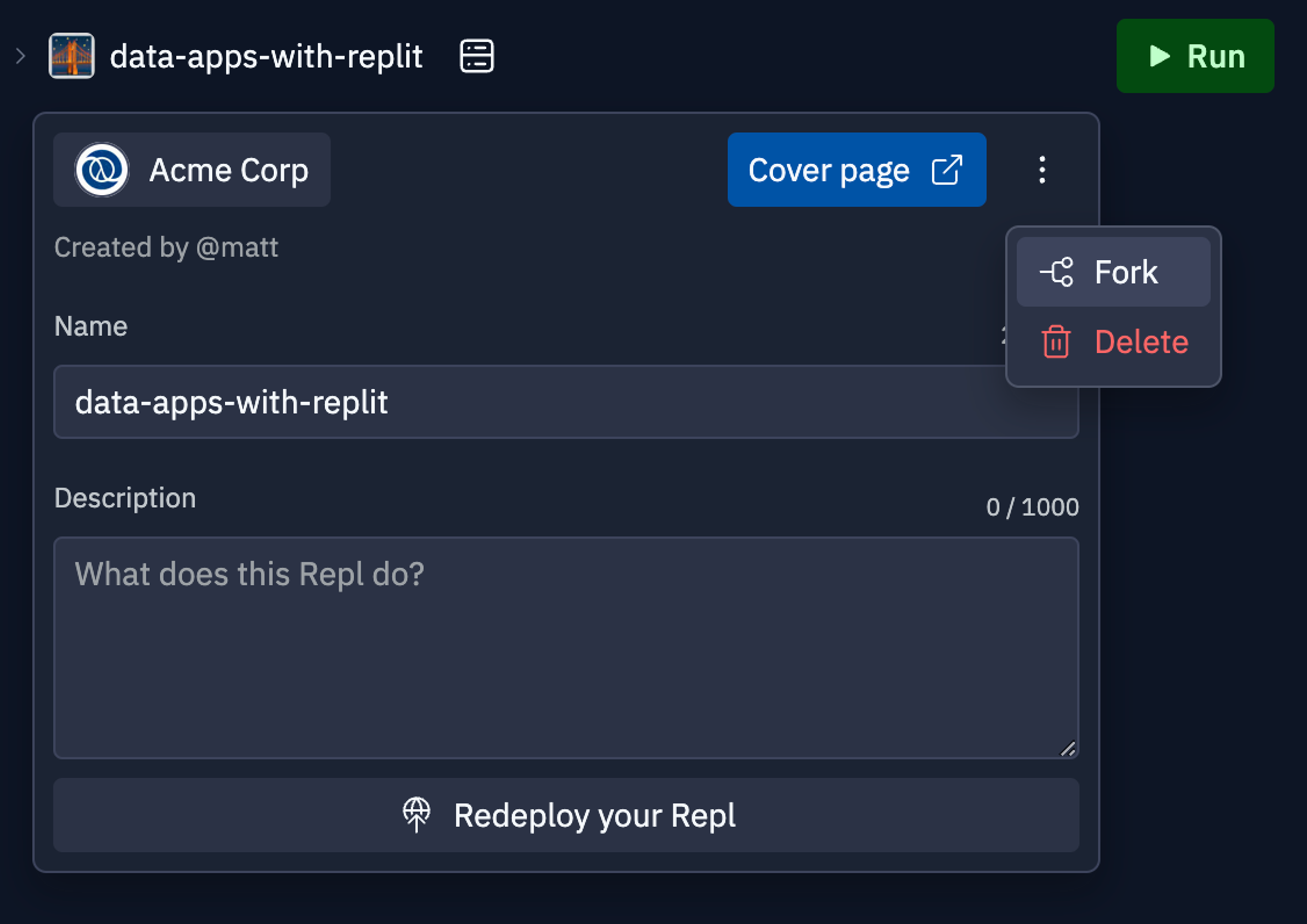 the workspace view of replit, with the header dropdown open showing information about the repl. highlighted is the option to fork the repl.