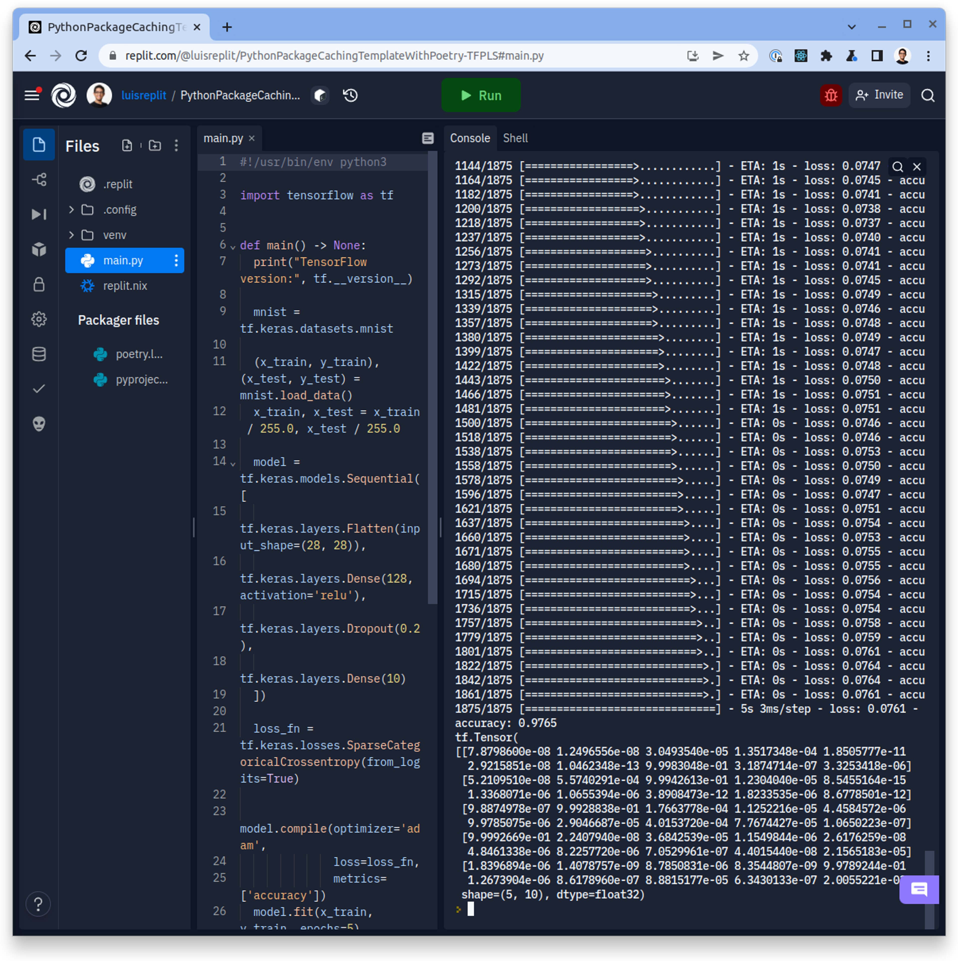 I had the wildest dream, that I was able to run the TensorFlow 2 quickstart on replit without running out of disk space or memory