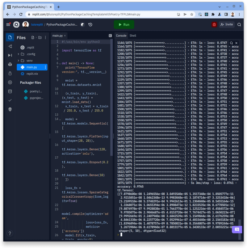 I had the wildest dream, that I was able to run the TensorFlow 2 quickstart on replit without running out of disk space or memory