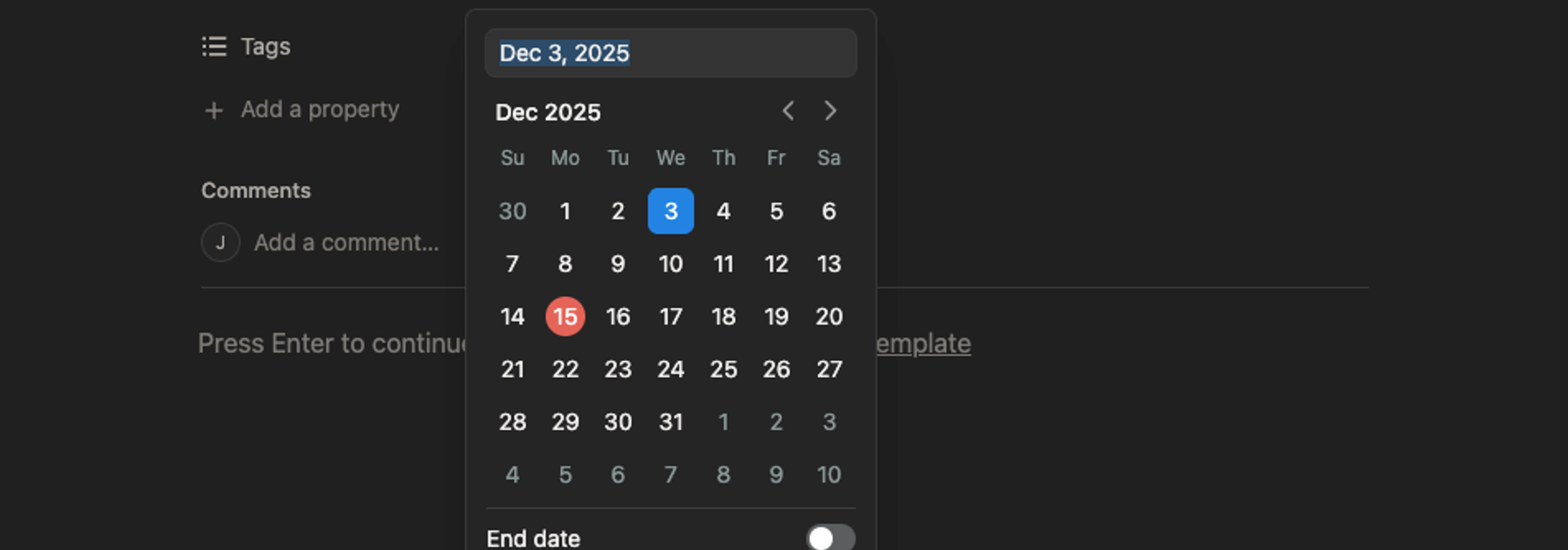 December 2025 calendar
