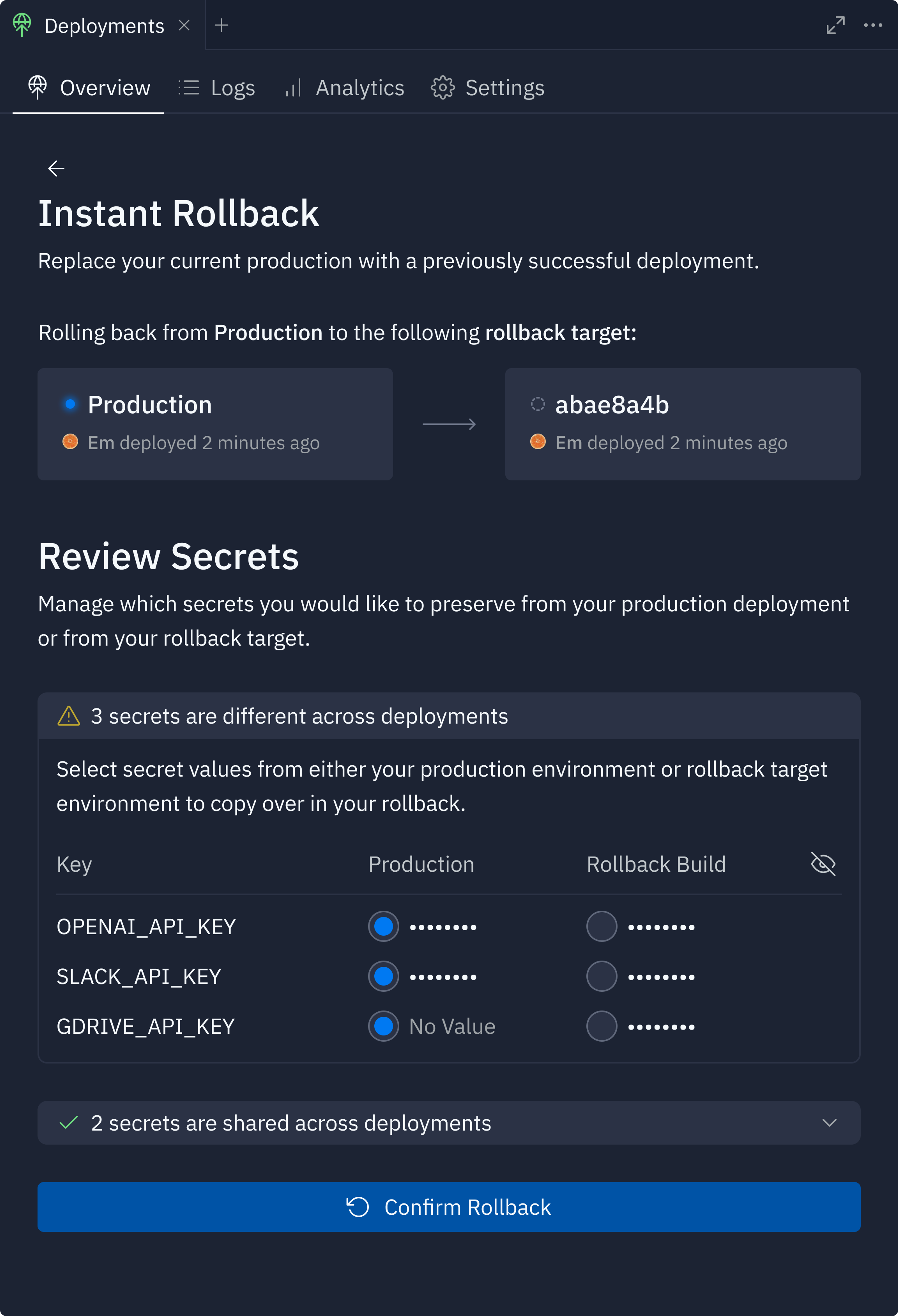 In-pane rollback confirmation