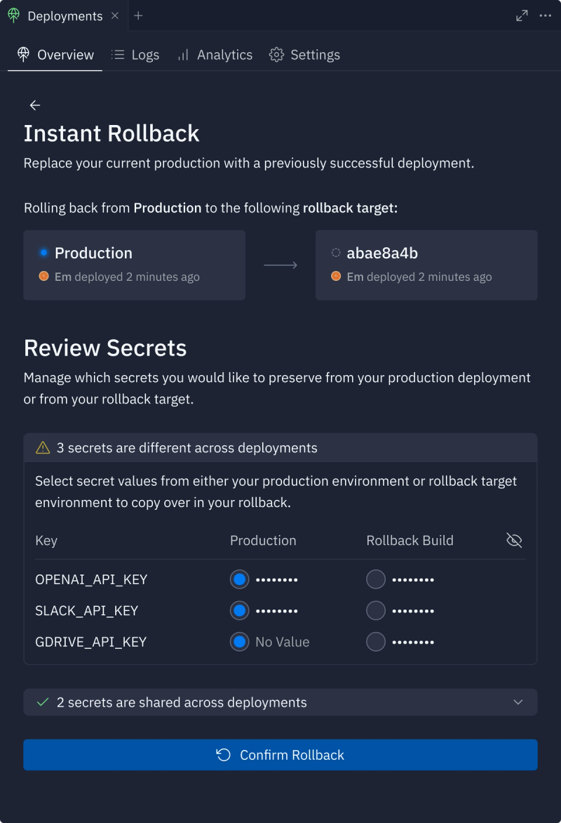 In-pane rollback confirmation