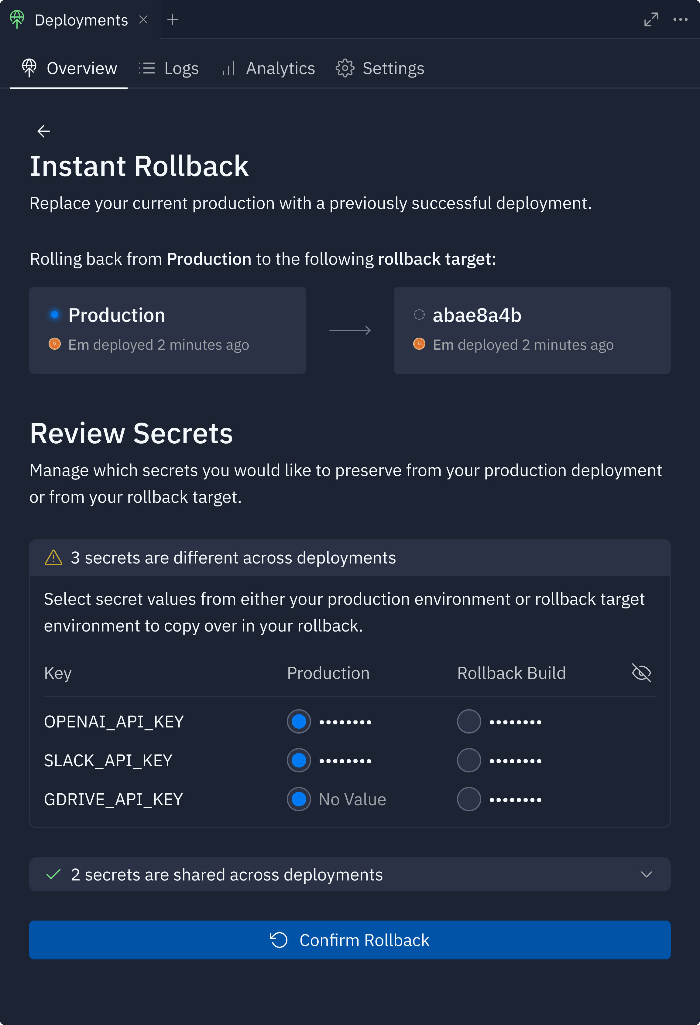In-pane rollback confirmation