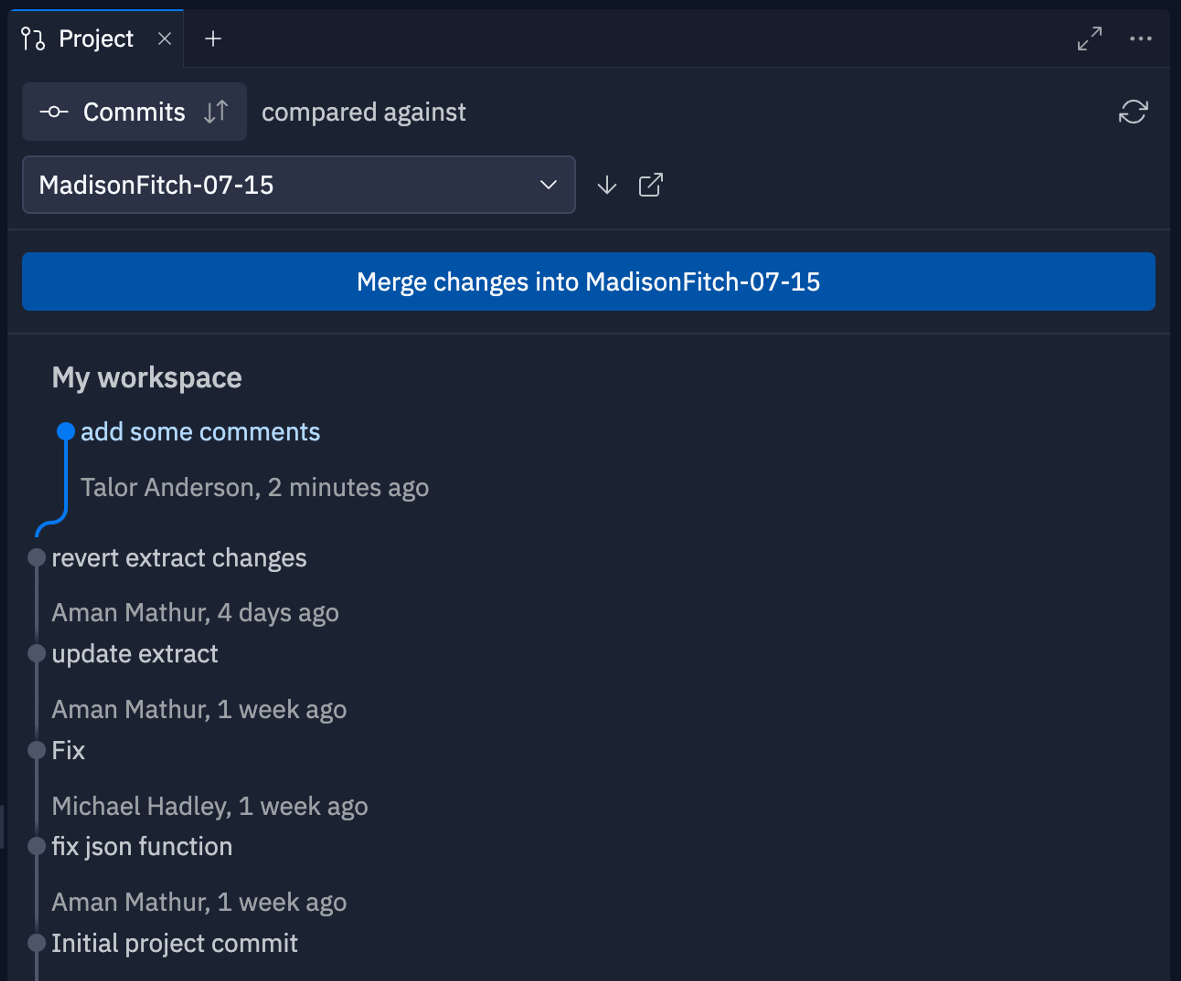 Replit workspace screenshot showing the "Projects" Tab open. a timeline of git commits is visible, along with a button to merge changes. 