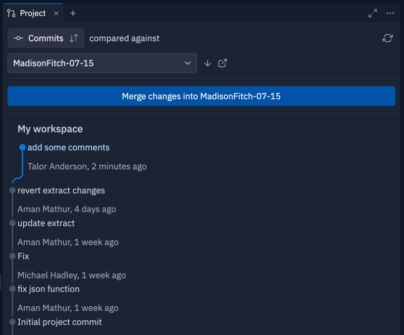 Replit workspace screenshot showing the "Projects" Tab open. a timeline of git commits is visible, along with a button to merge changes. 