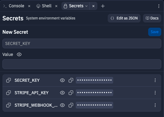 Secrets dialog