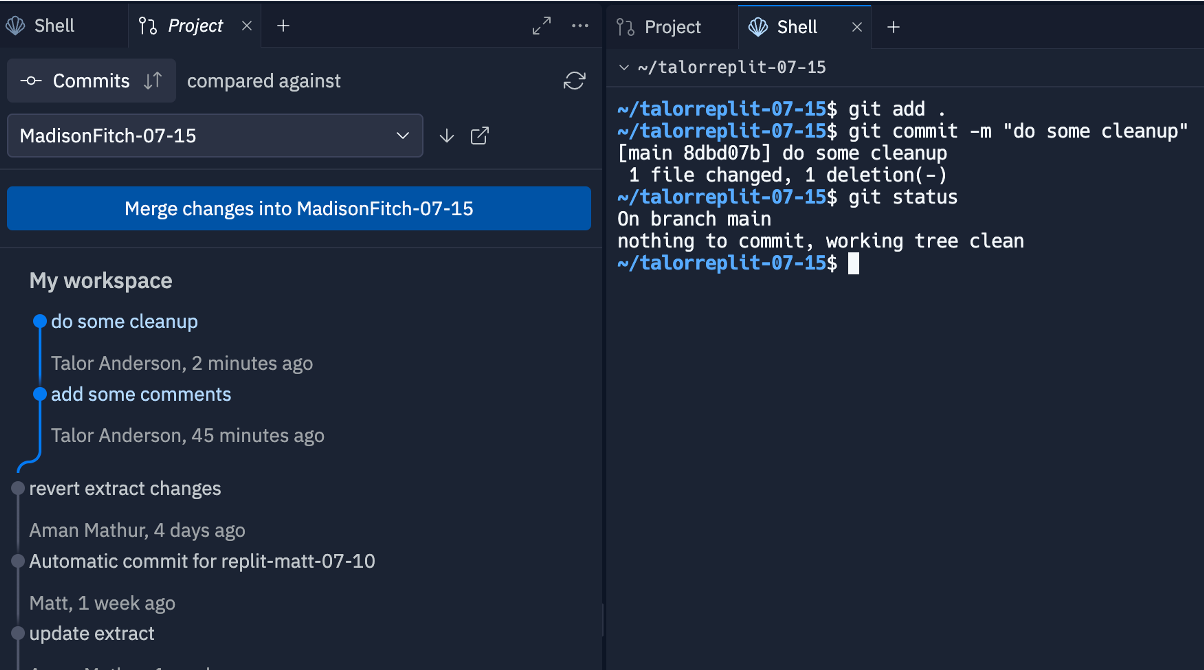 terminal screen showing git add, git commit, and git status