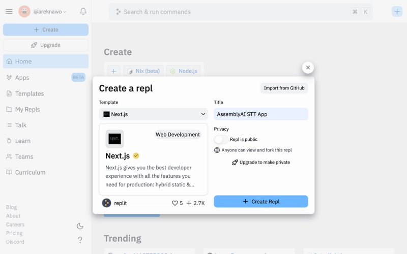 Creating Next.js repl