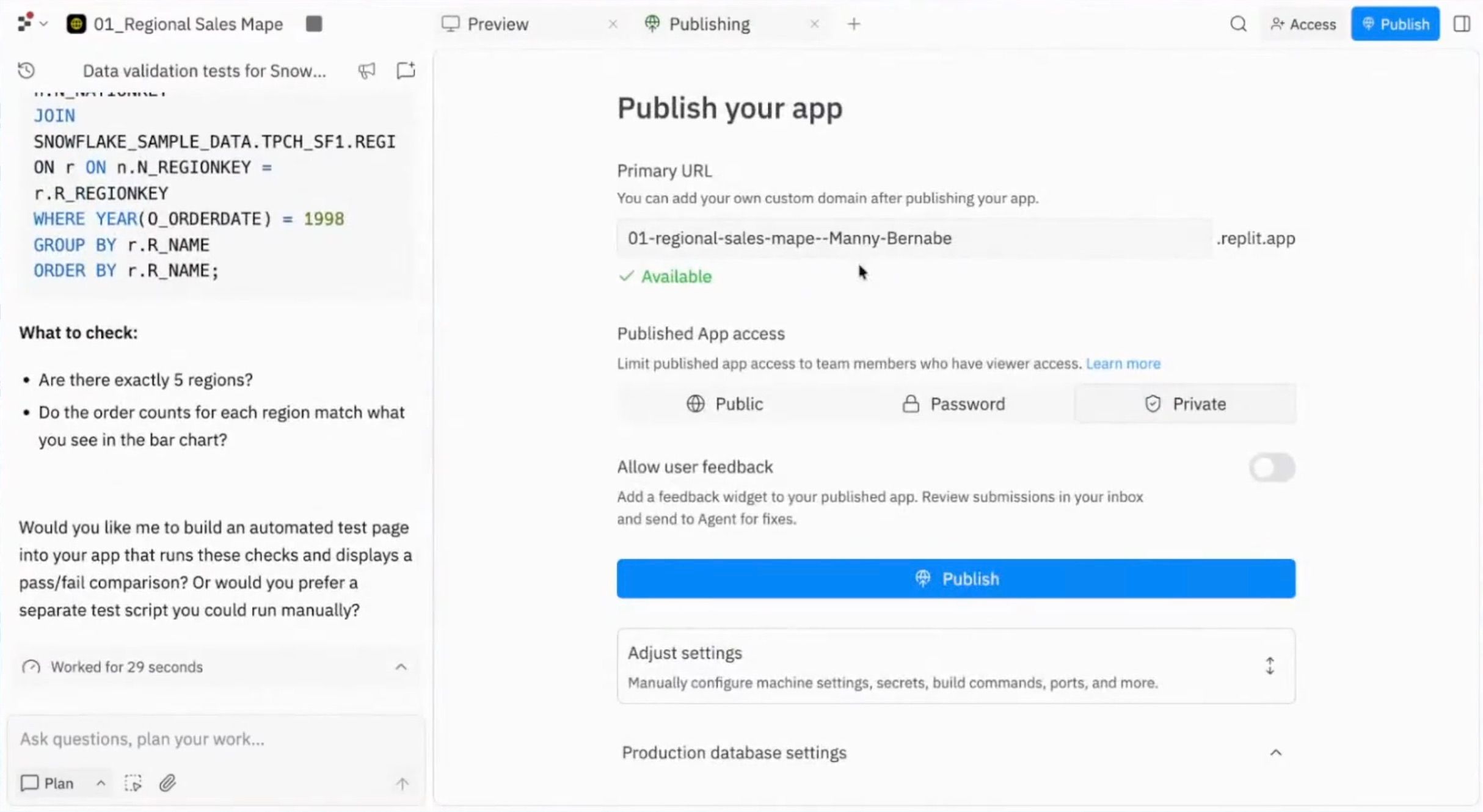 Replit publish screen